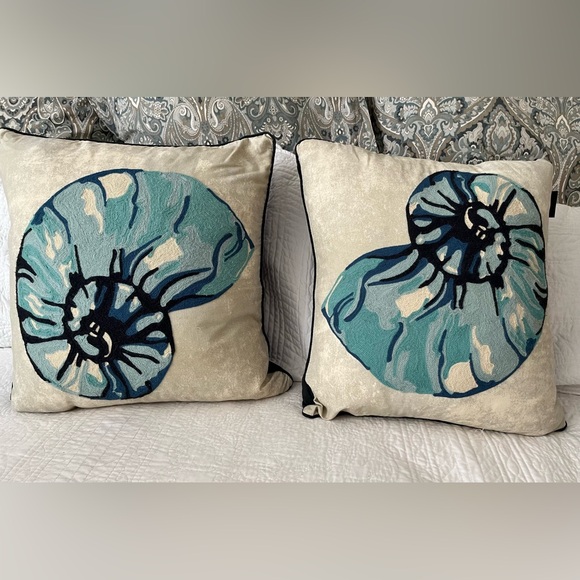 Pair 2 Envogue Embroidered 20x18 Sea Life Shell Blue Throw Feather Zip Pillows - Picture 12 of 12